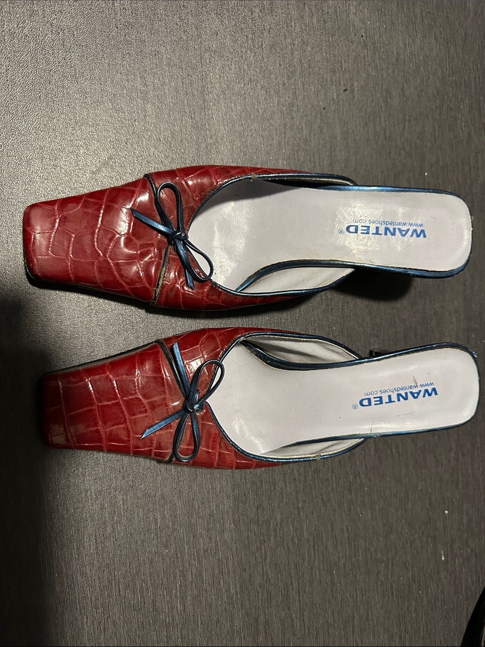 WANTED Red Croc-Embossed Square Toe Slide Mules with Bow